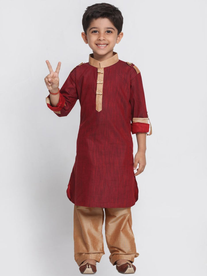 VASTRAMAY Boy's Maroon Cotton Pathani Suit - qivii