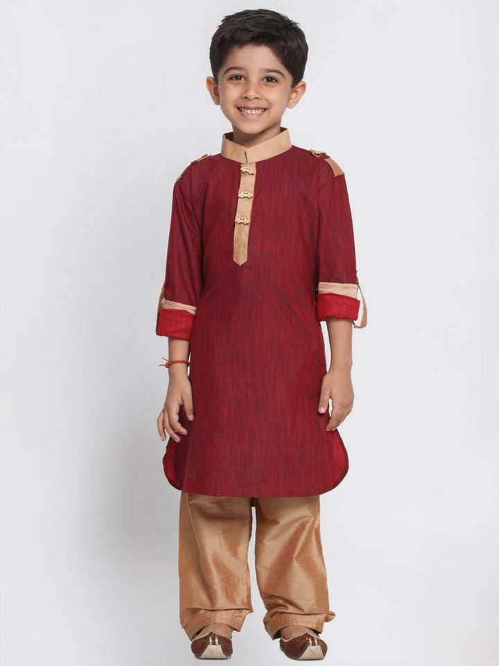 VASTRAMAY Boy's Maroon Cotton Pathani Suit - qivii