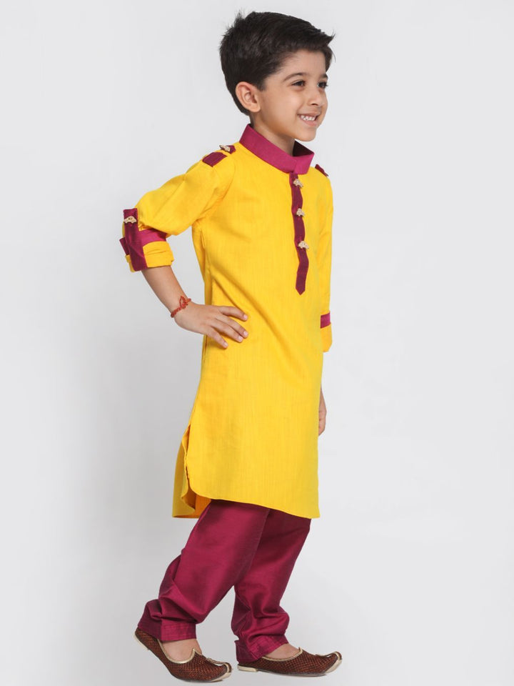 VASTRAMAY Boy's Yellow Cotton Pathani Suit - qivii