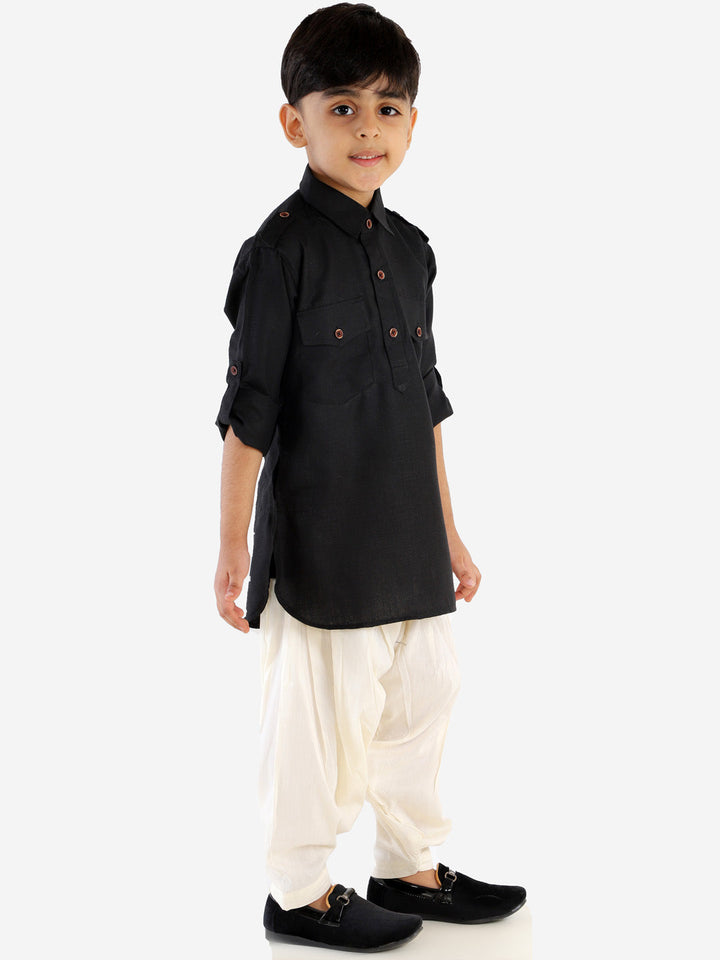 VASTRAMAY Boy's Black Cotton Blend Pathani Suit Set - qivii