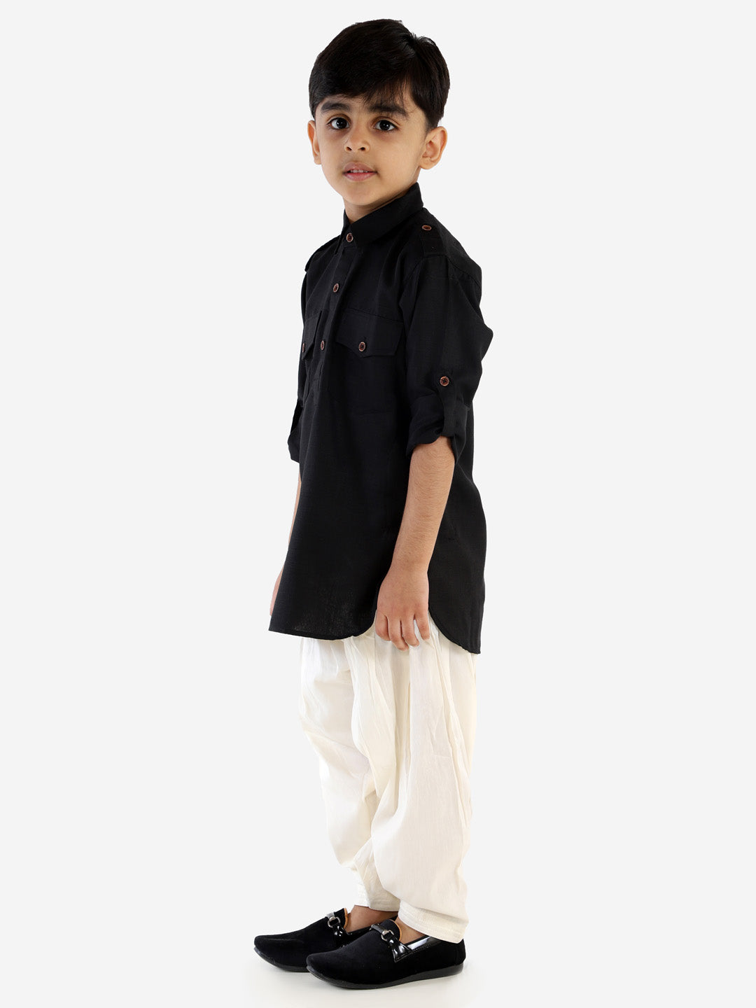 VASTRAMAY Boy's Black Cotton Blend Pathani Suit Set - qivii