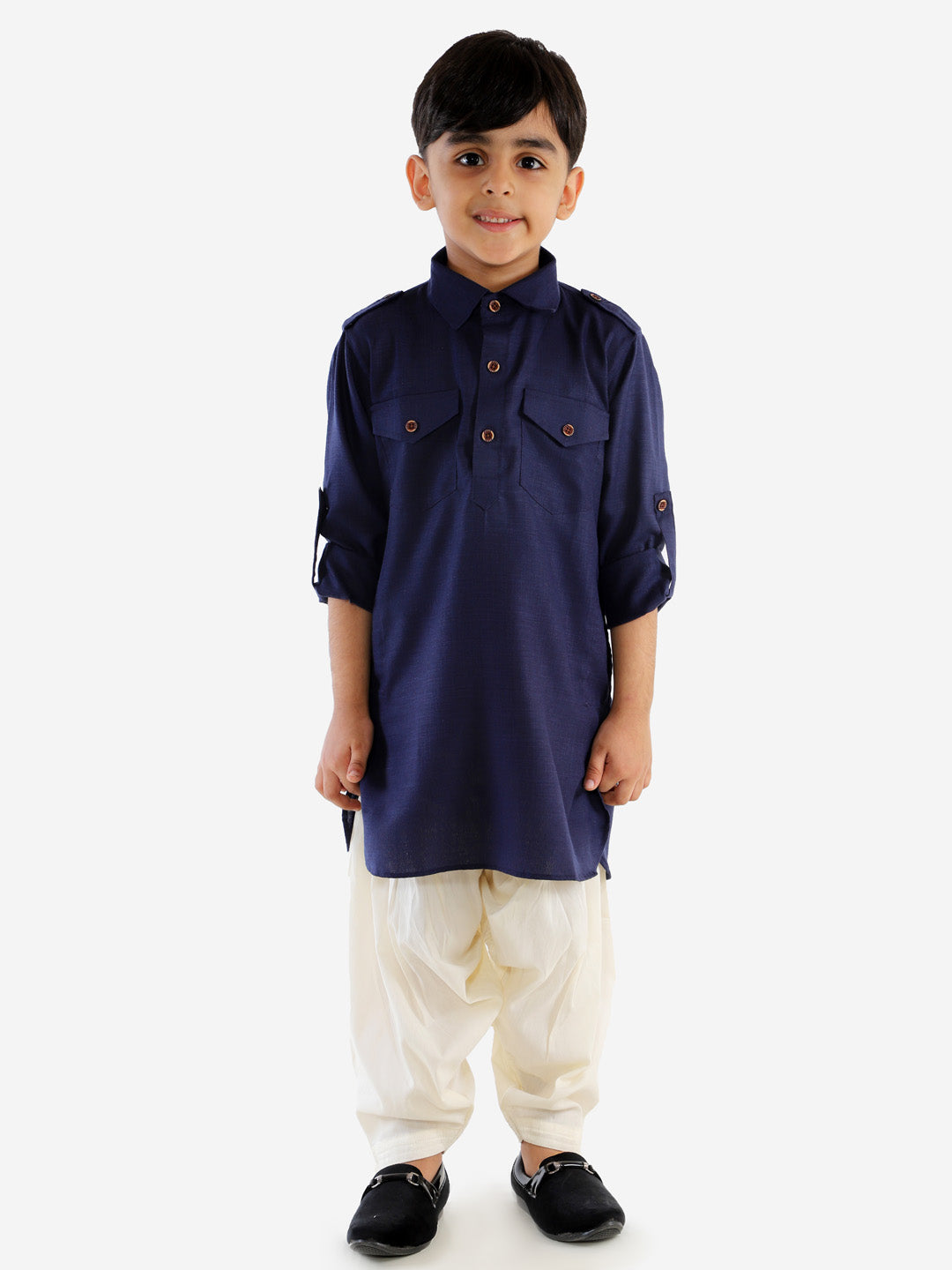VASTRAMAY Boy's Navy Blue Cotton Blend Pathani Suit Set - qivii