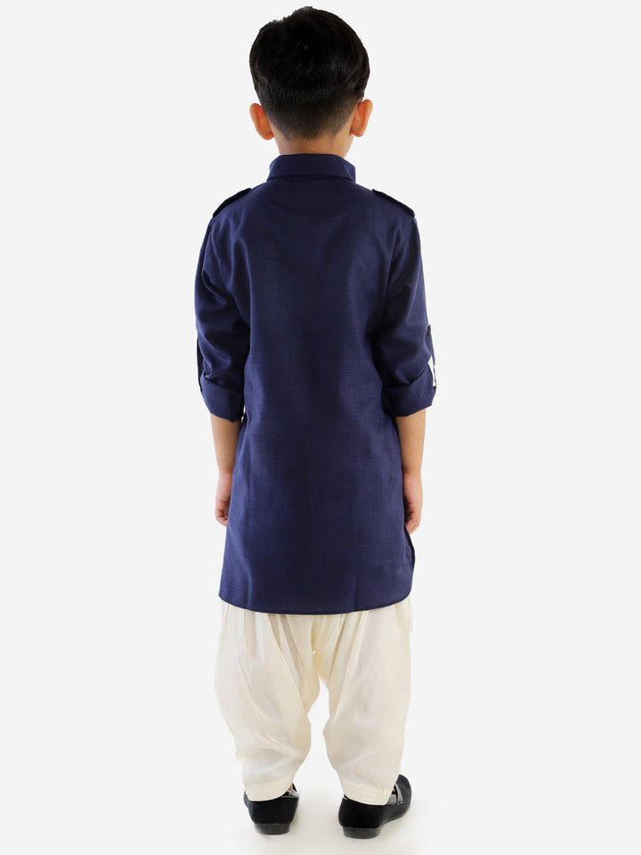 VASTRAMAY Boy's Navy Blue Cotton Blend Pathani Suit Set - qivii
