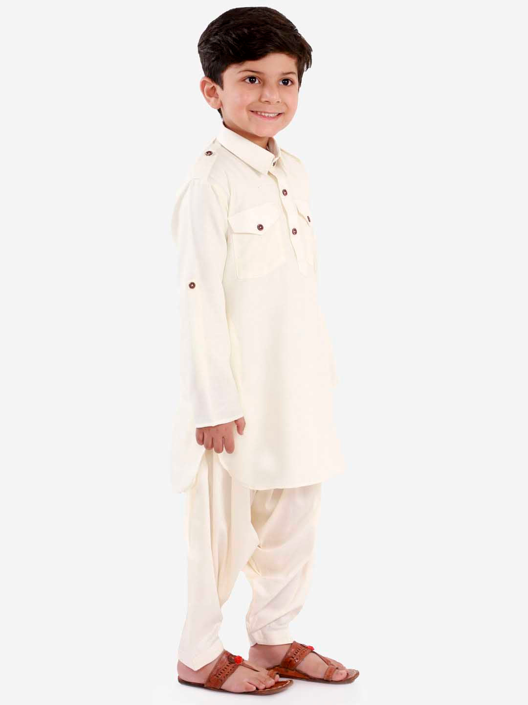 VASTRAMAY Boys Cream Cotton Blend Pathani Suit Set - qivii