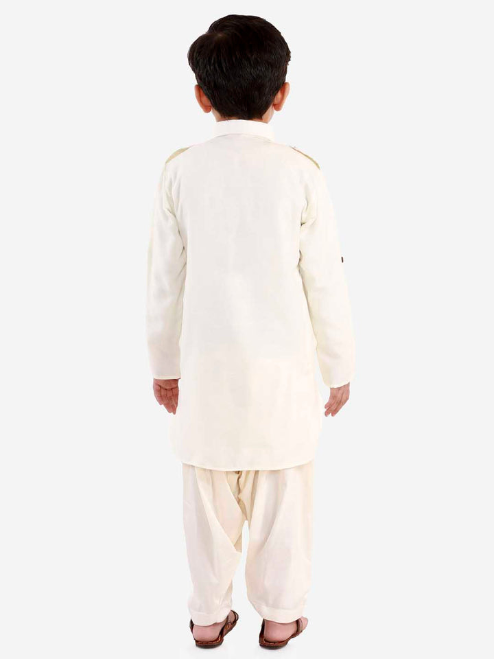VASTRAMAY Boys Cream Cotton Blend Pathani Suit Set - qivii