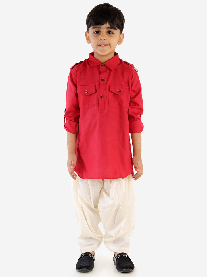 VASTRAMAY Boy's Maroon Cotton Blend Pathani Suit Set - qivii