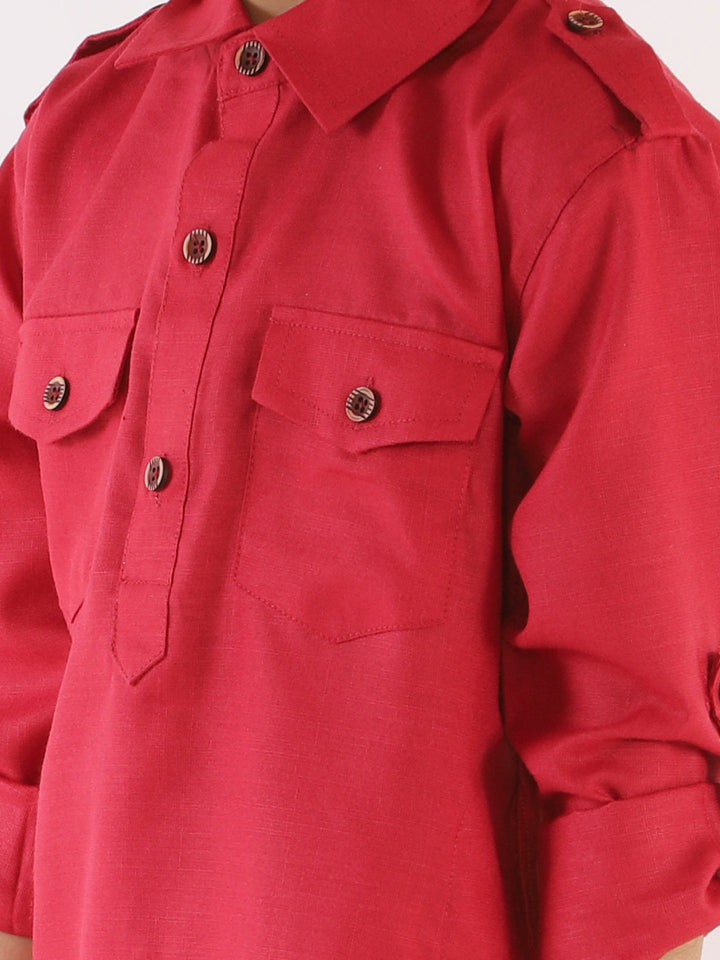 VASTRAMAY Boy's Maroon Cotton Blend Pathani Suit Set - qivii