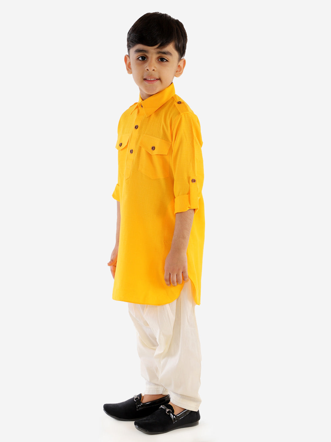 VASTRAMAY Boy's Yellow Cotton Blend Pathani Suit Set - qivii
