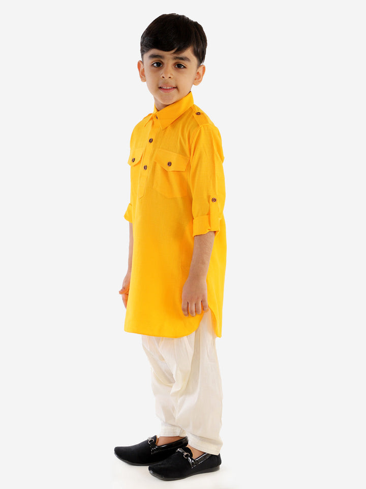 VASTRAMAY Boy's Yellow Cotton Blend Pathani Suit Set - qivii