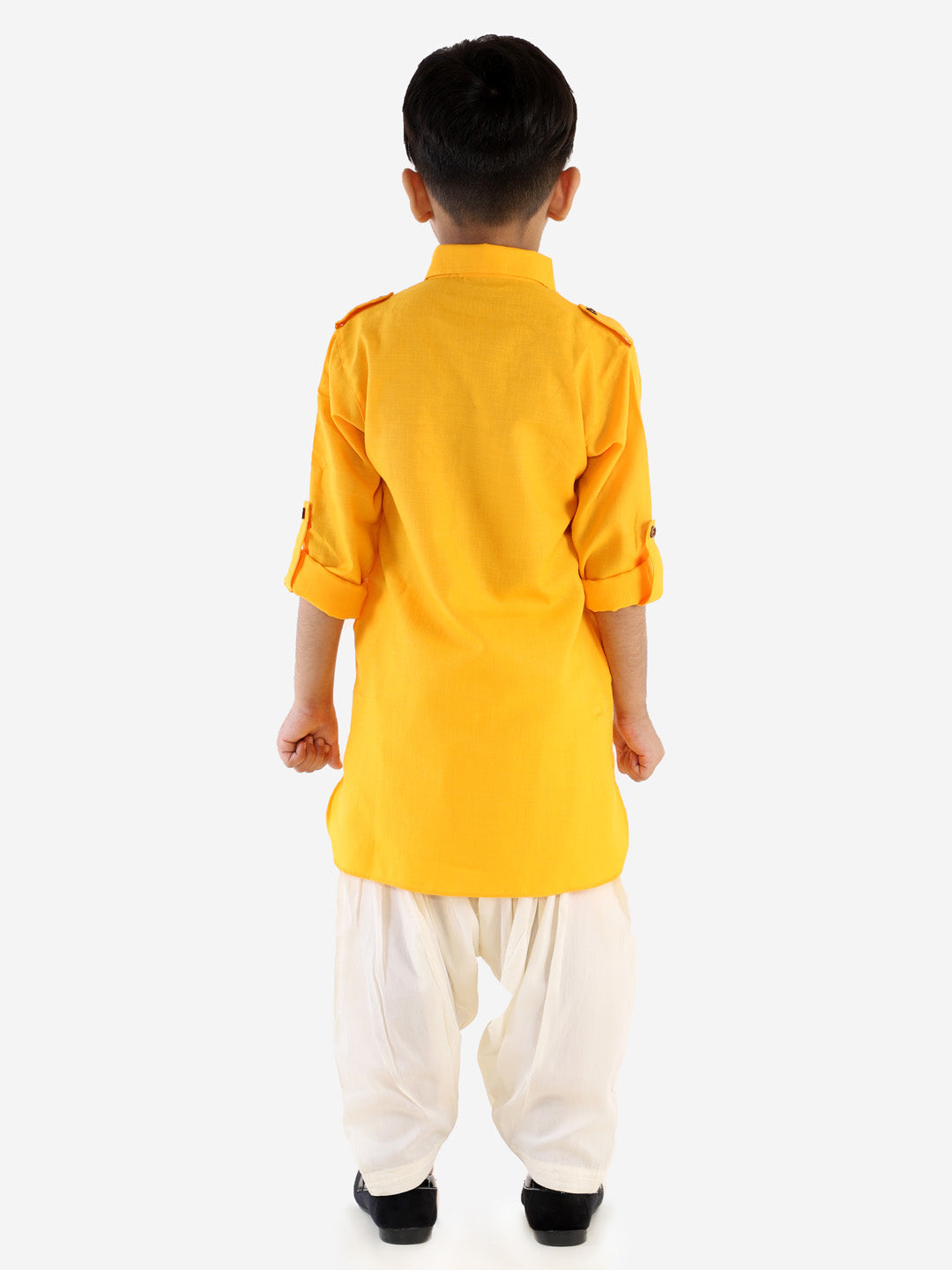 VASTRAMAY Boy's Yellow Cotton Blend Pathani Suit Set - qivii