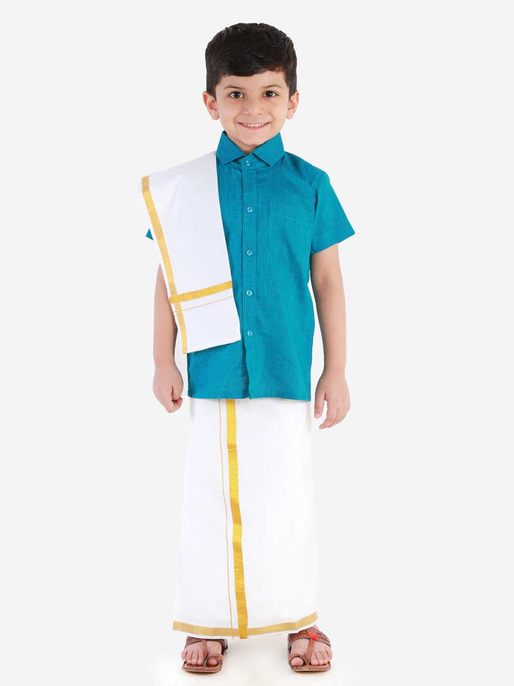 Vastramay Boys' Azure Blue Cotton Short Sleeves Ethnic Shirt - qivii