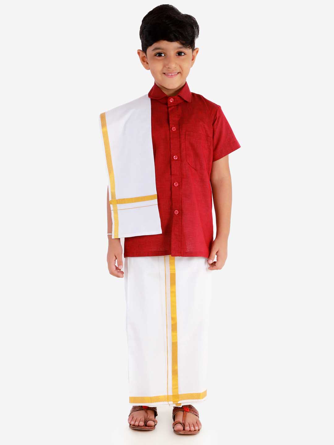 Vastramay Boys' Cherry Maroon Cotton Short Sleeves Ethnic Shirt - qivii