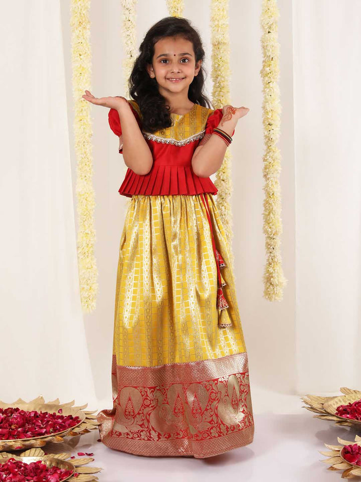 Vastramay Girl's Yellow Pavda Pattu Lehenga Choli Set - qivii