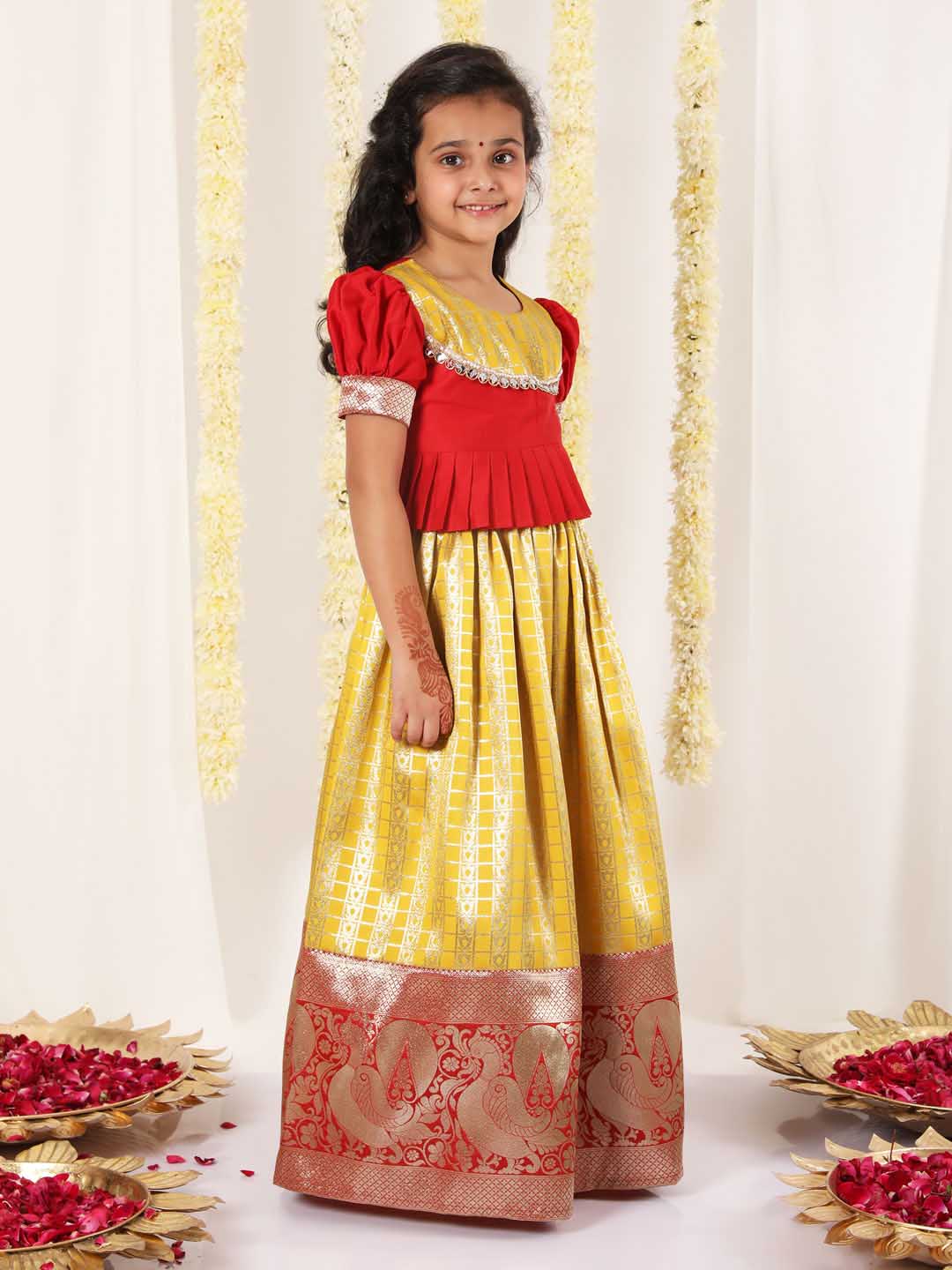 Vastramay Girl's Yellow Pavda Pattu Lehenga Choli Set - qivii