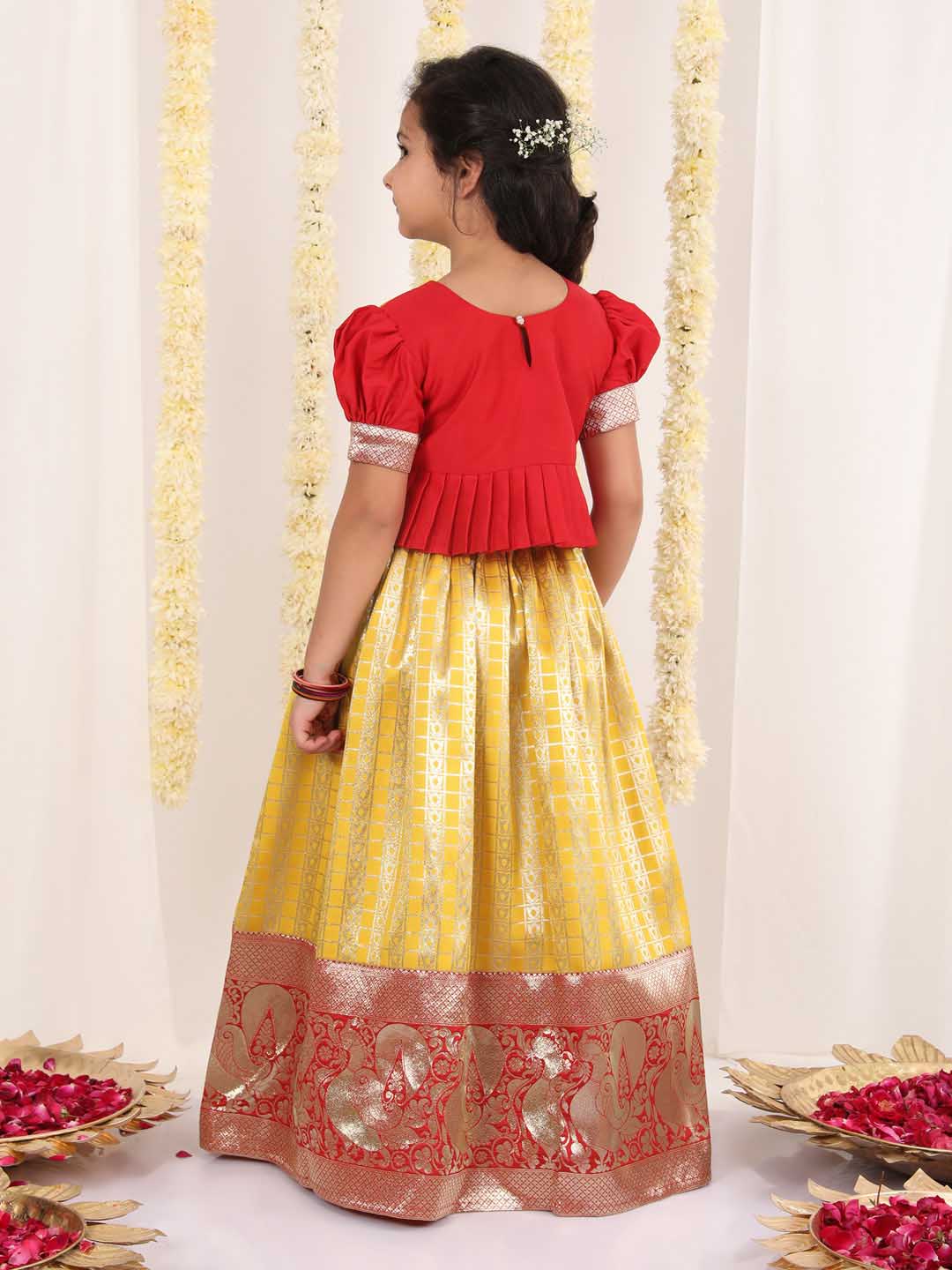 Vastramay Girl's Yellow Pavda Pattu Lehenga Choli Set - qivii
