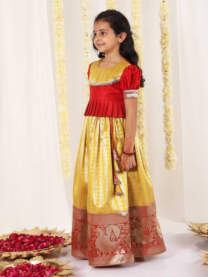 Vastramay Girl's Yellow Pavda Pattu Lehenga Choli Set - qivii