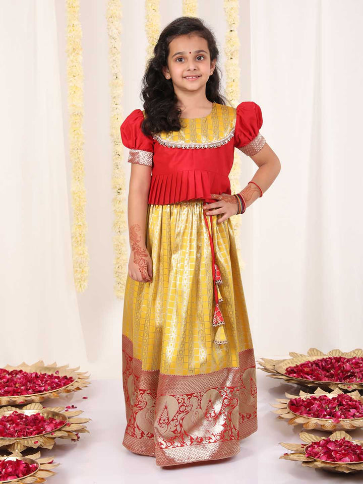 Vastramay Girl's Yellow Pavda Pattu Lehenga Choli Set - qivii