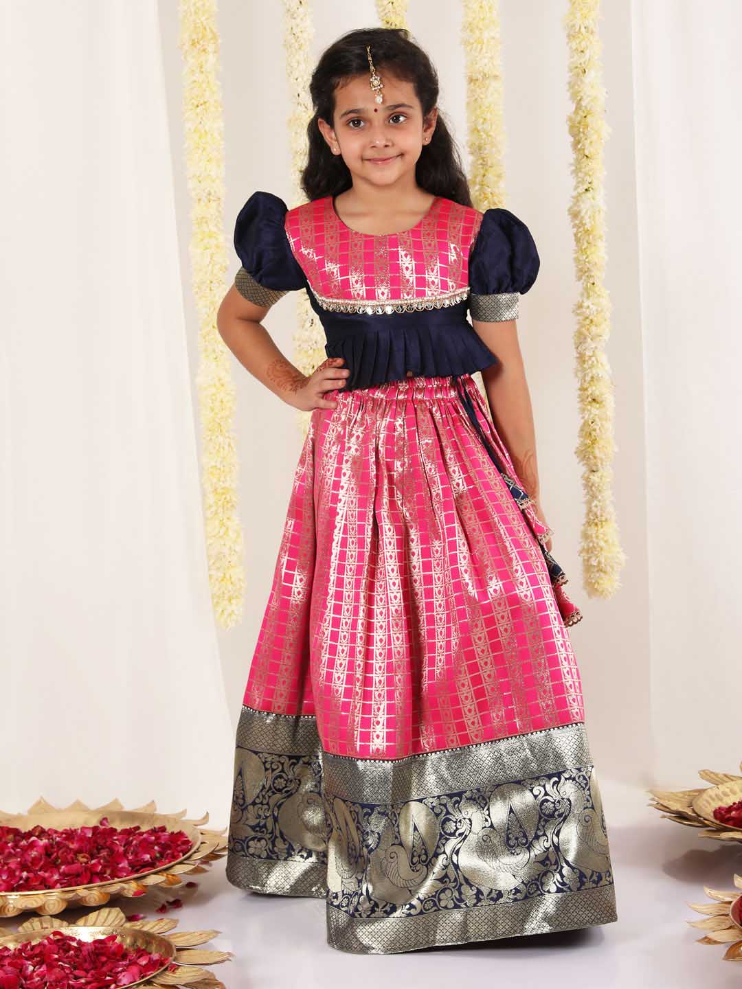 Vastramay Girl's Pink Pavda Pattu Lehenga Choli Set - qivii