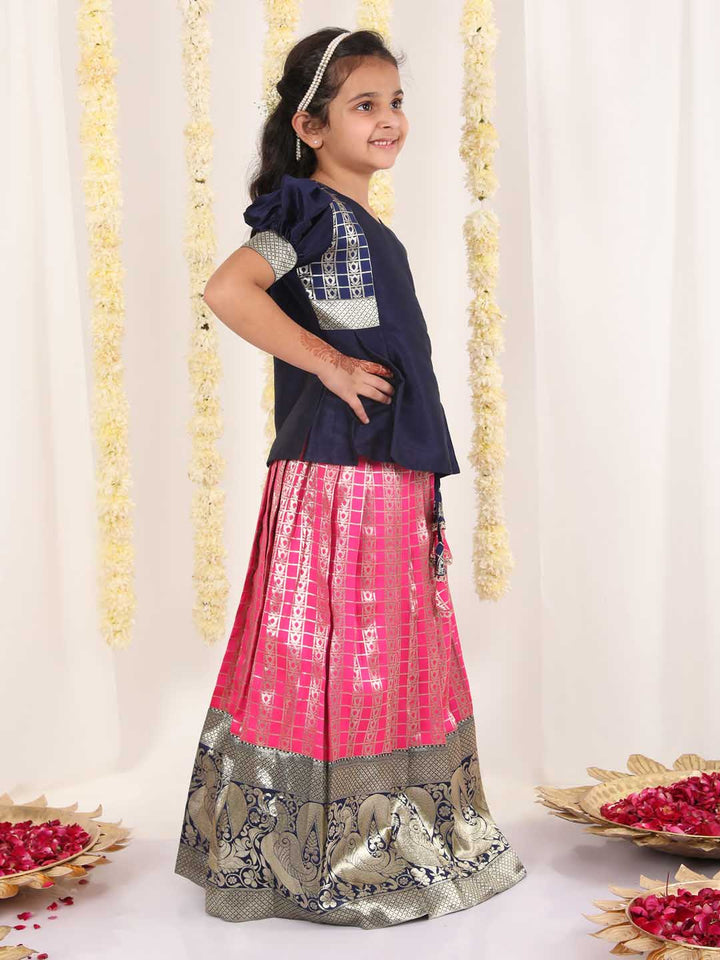 Vastramay Girl's Blue And Pink Pavda Pattu Lehenga Choli Set - qivii