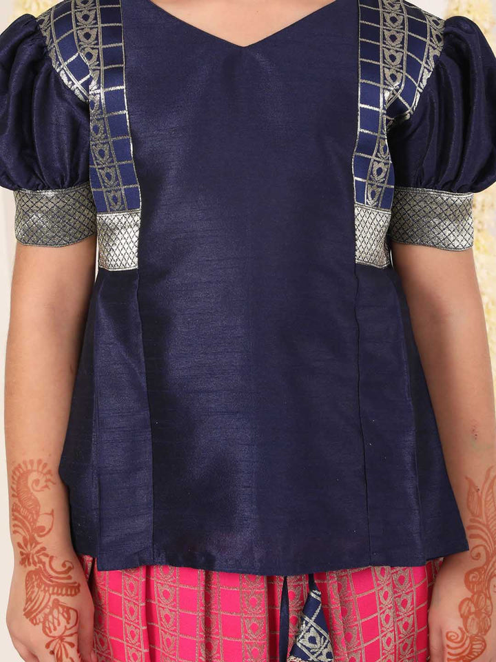 Vastramay Girl's Blue And Pink Pavda Pattu Lehenga Choli Set - qivii