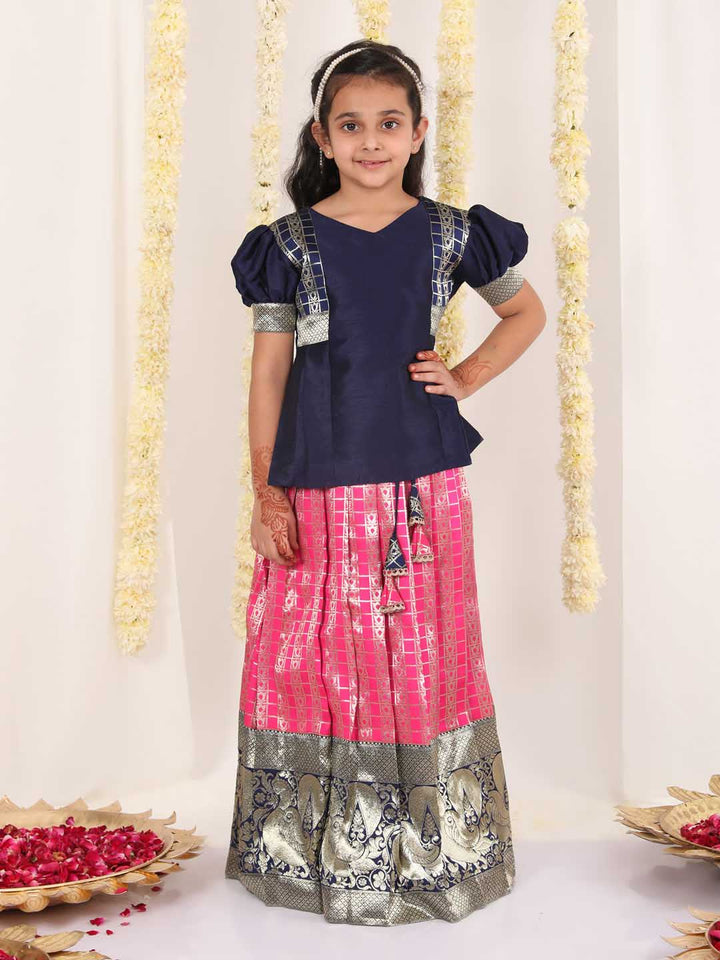 Vastramay Girl's Blue And Pink Pavda Pattu Lehenga Choli Set - qivii