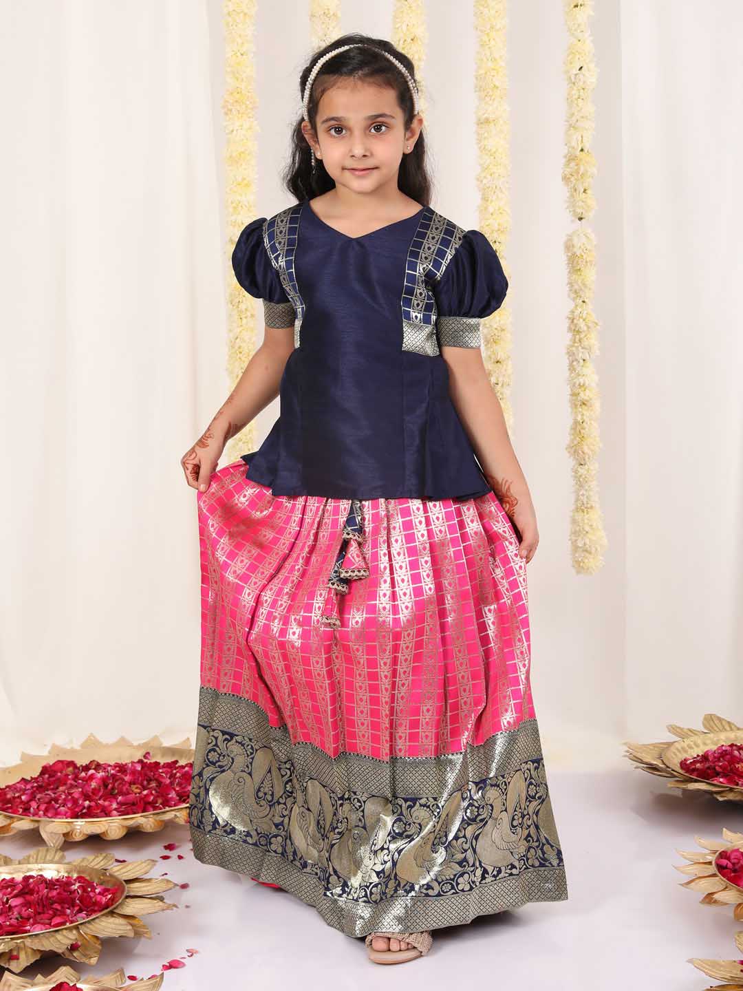 Vastramay Girl's Blue And Pink Pavda Pattu Lehenga Choli Set - qivii