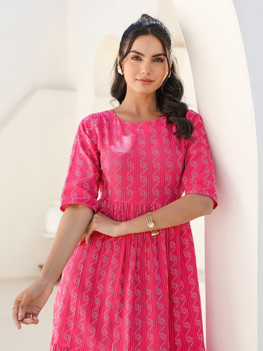Pink Cotton Woven Design Tiered Western Dress - qivii