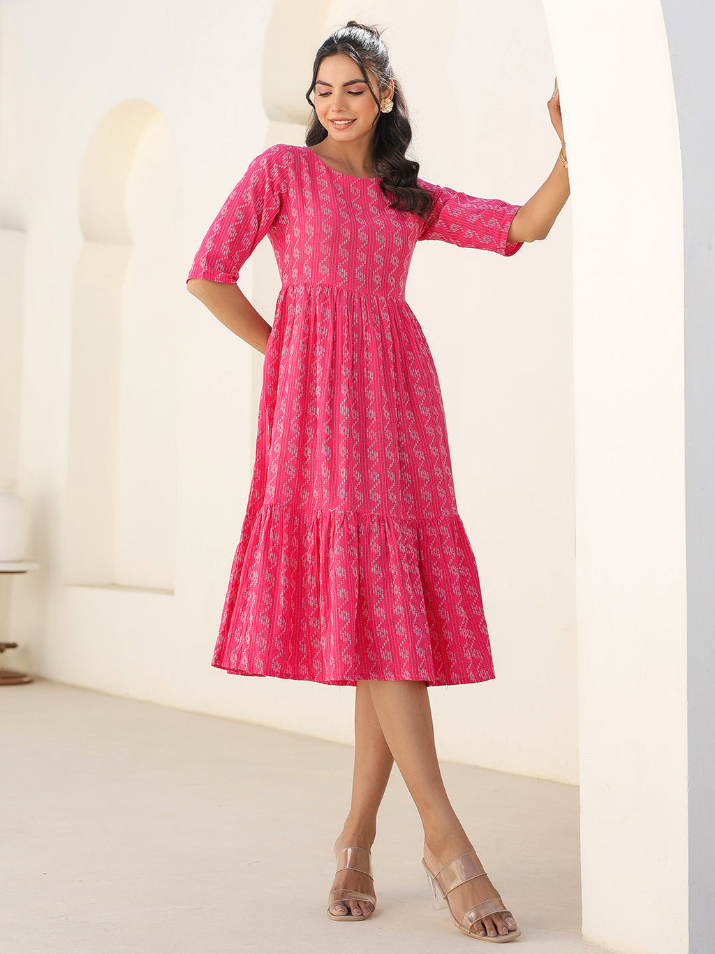 Pink Cotton Woven Design Tiered Western Dress
