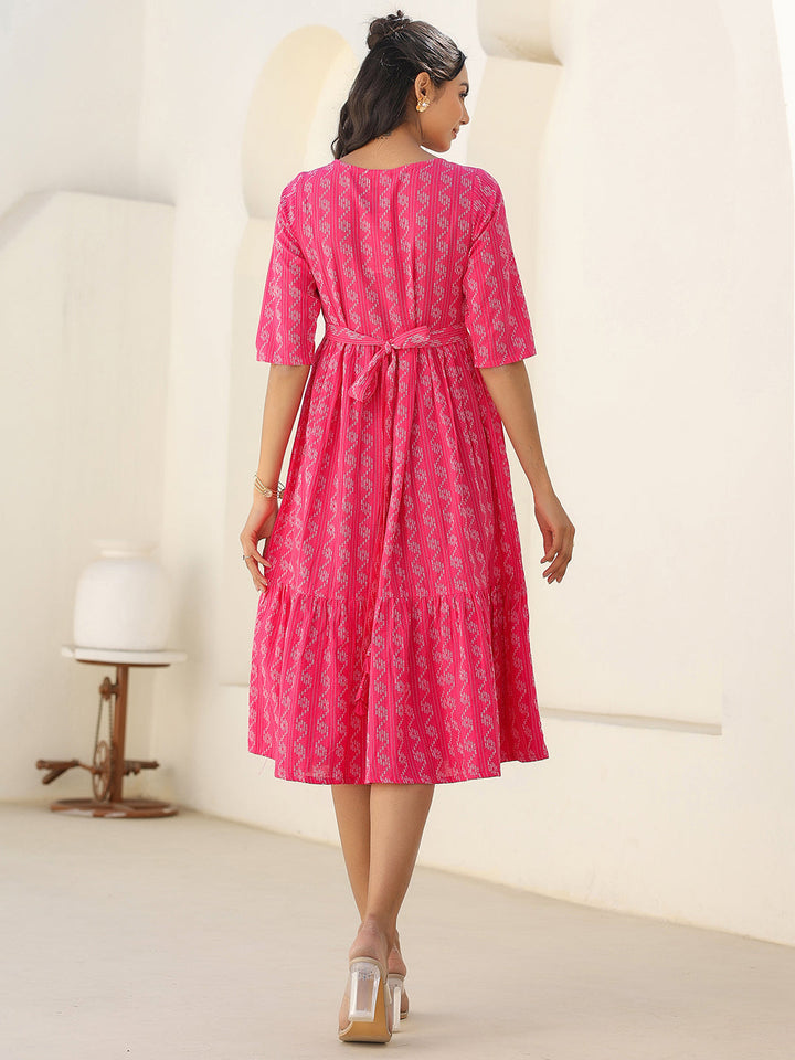 Pink Cotton Woven Design Tiered Western Dress - qivii