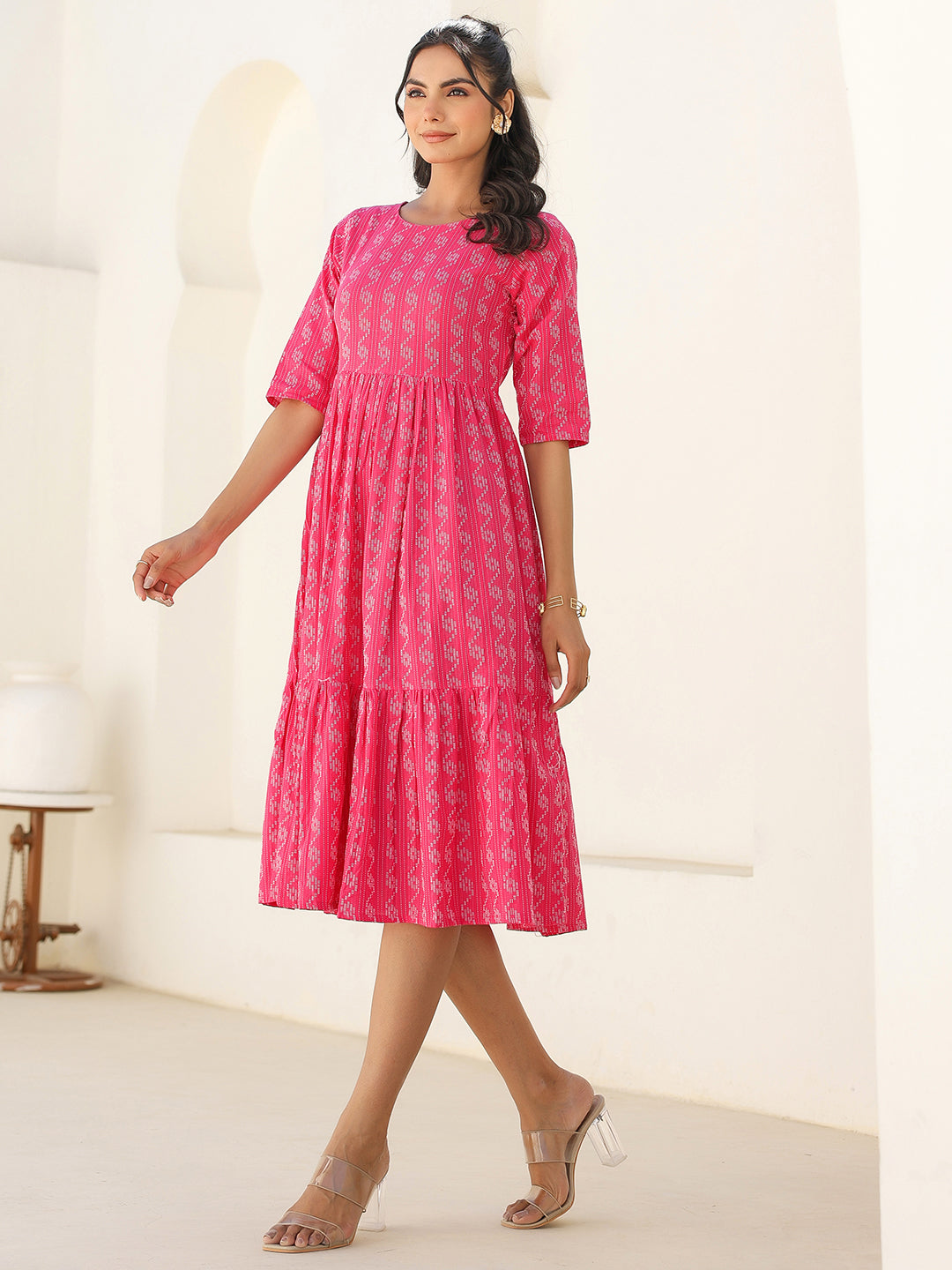 Pink Cotton Woven Design Tiered Western Dress