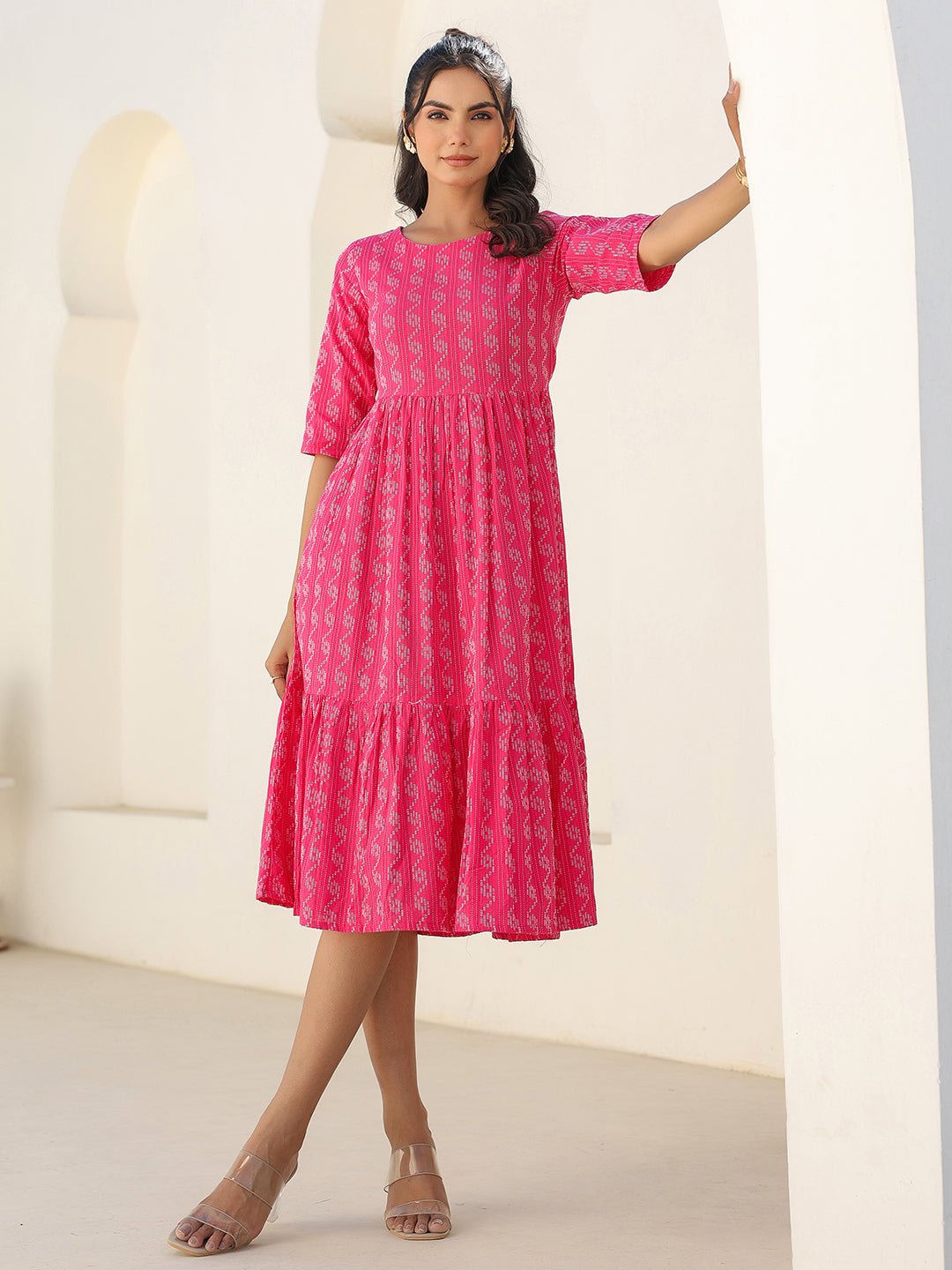 Pink Cotton Woven Design Tiered Western Dress - qivii