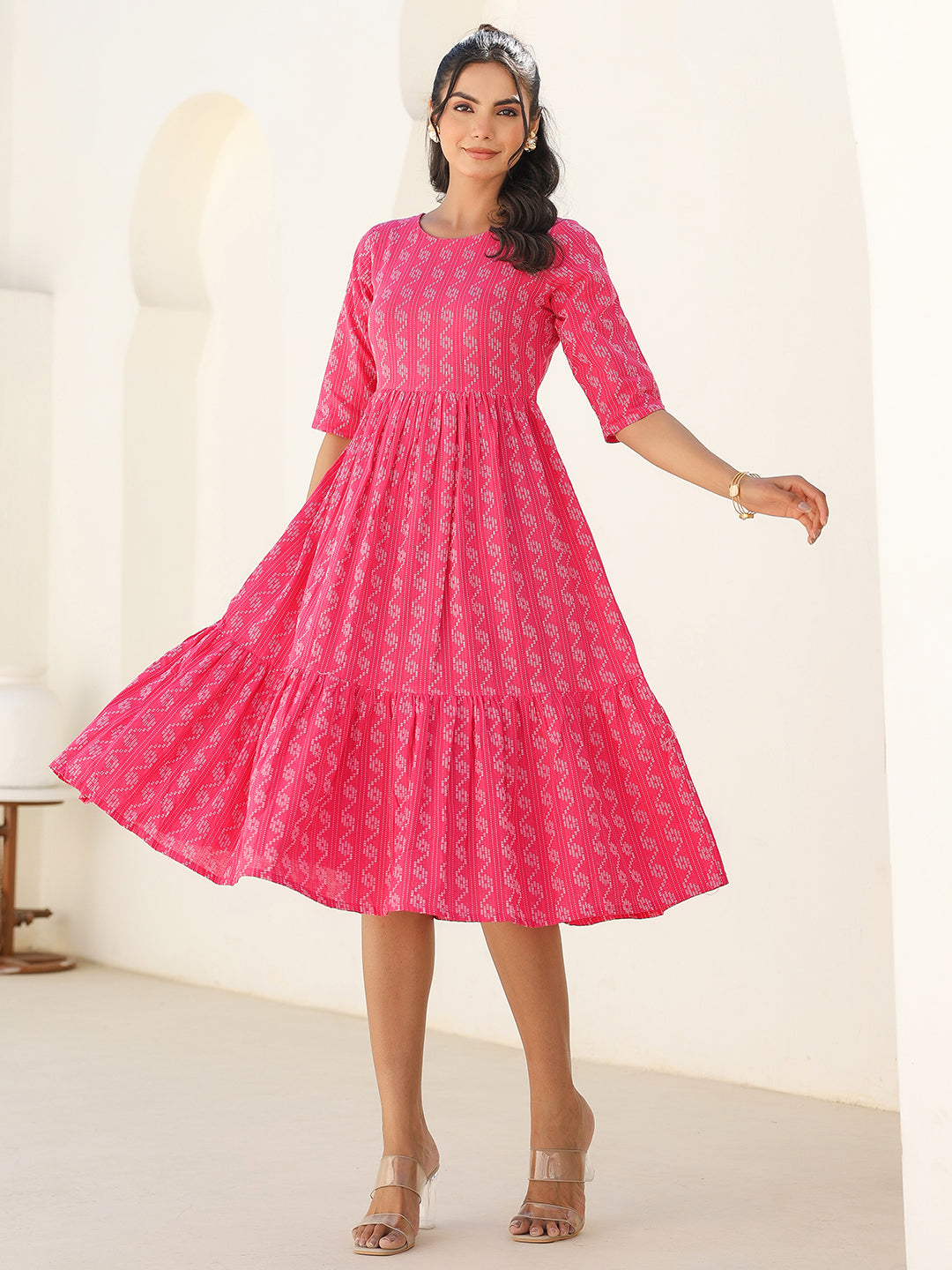 Pink Cotton Woven Design Tiered Western Dress - qivii