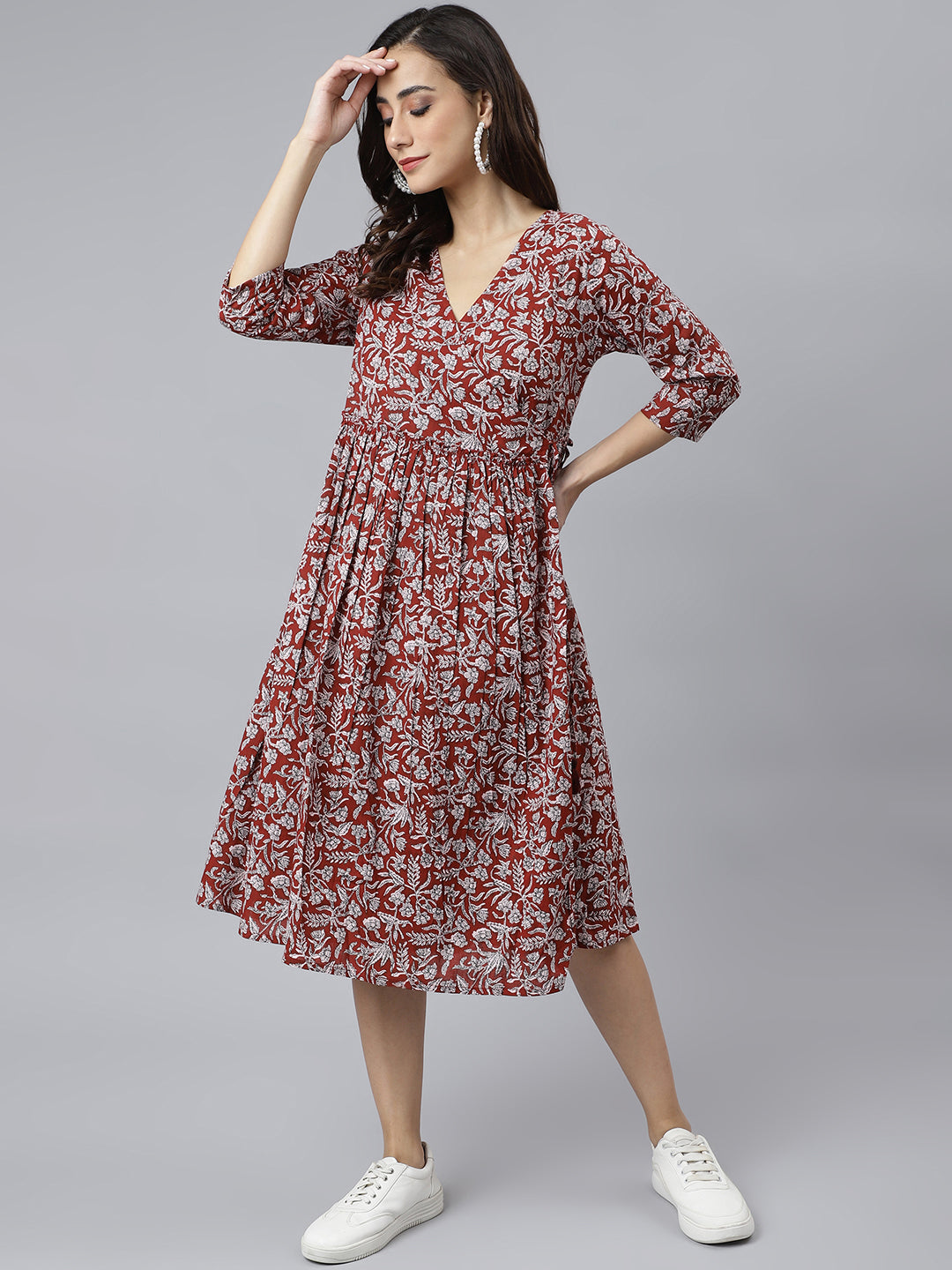 Maroon Cotton Floral Print Angrakha Western Dress - qivii