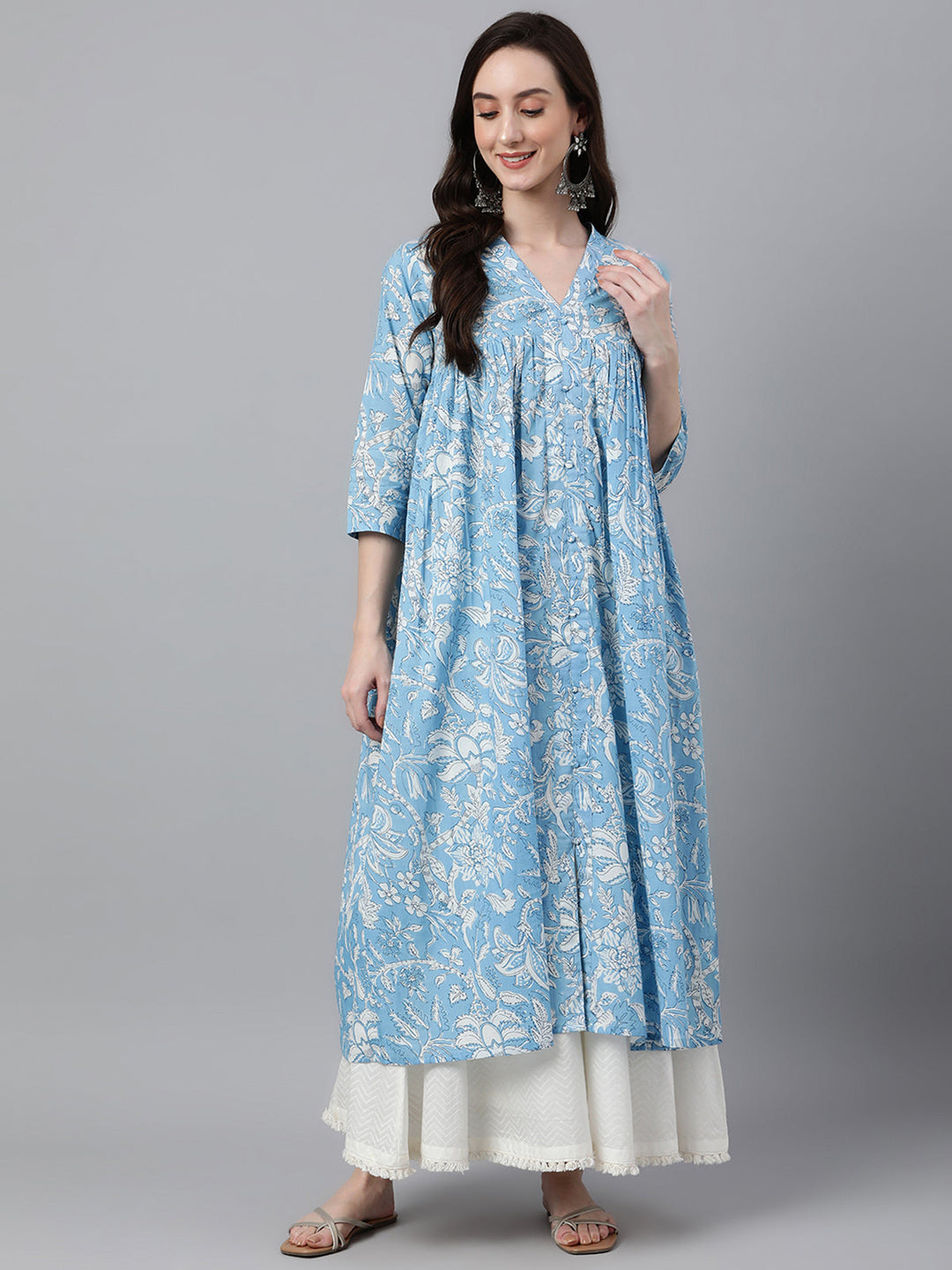 Sky Blue Cotton Floral Print Flared Kurta - qivii