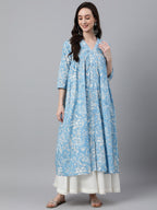 Sky Blue Cotton Floral Print Flared Kurta