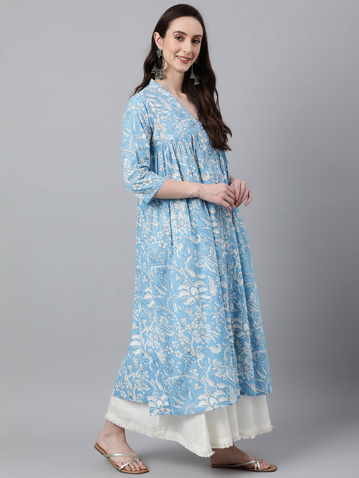 Sky Blue Cotton Floral Print Flared Kurta - qivii
