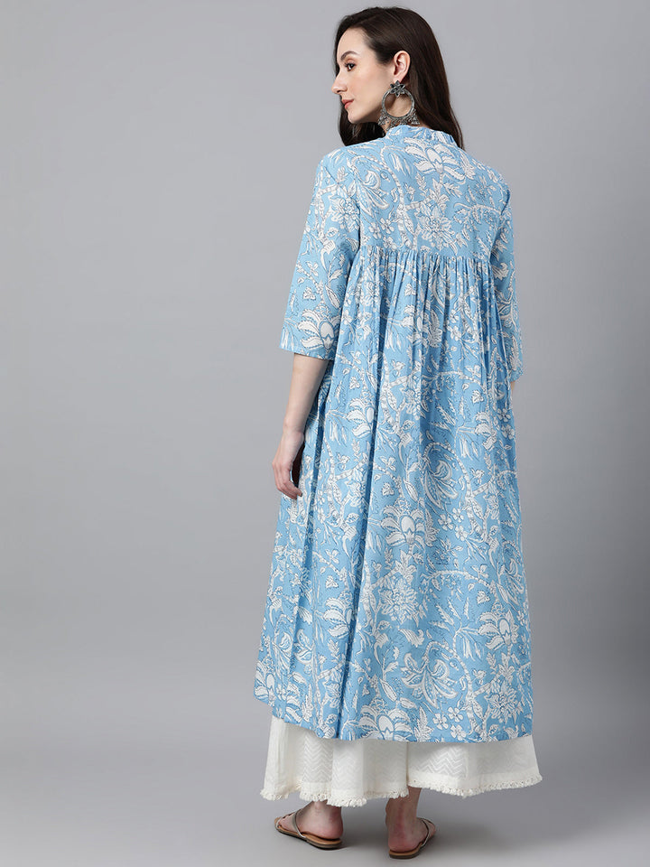 Sky Blue Cotton Floral Print Flared Kurta - qivii