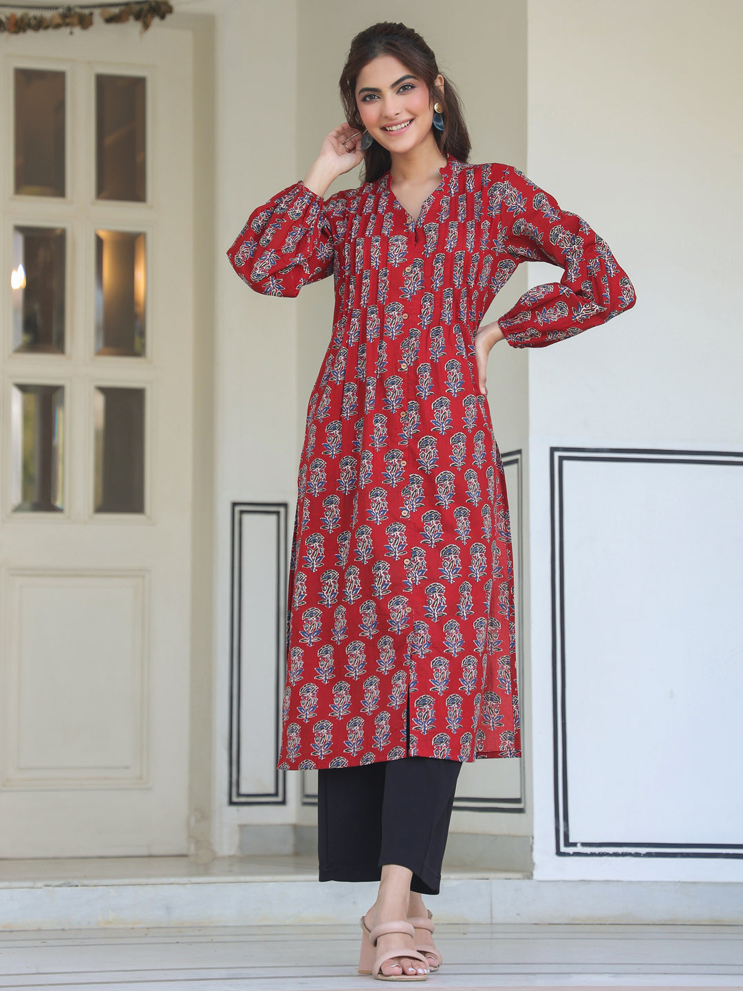 Maroon Cotton Floral Print Flared Kurta - qivii
