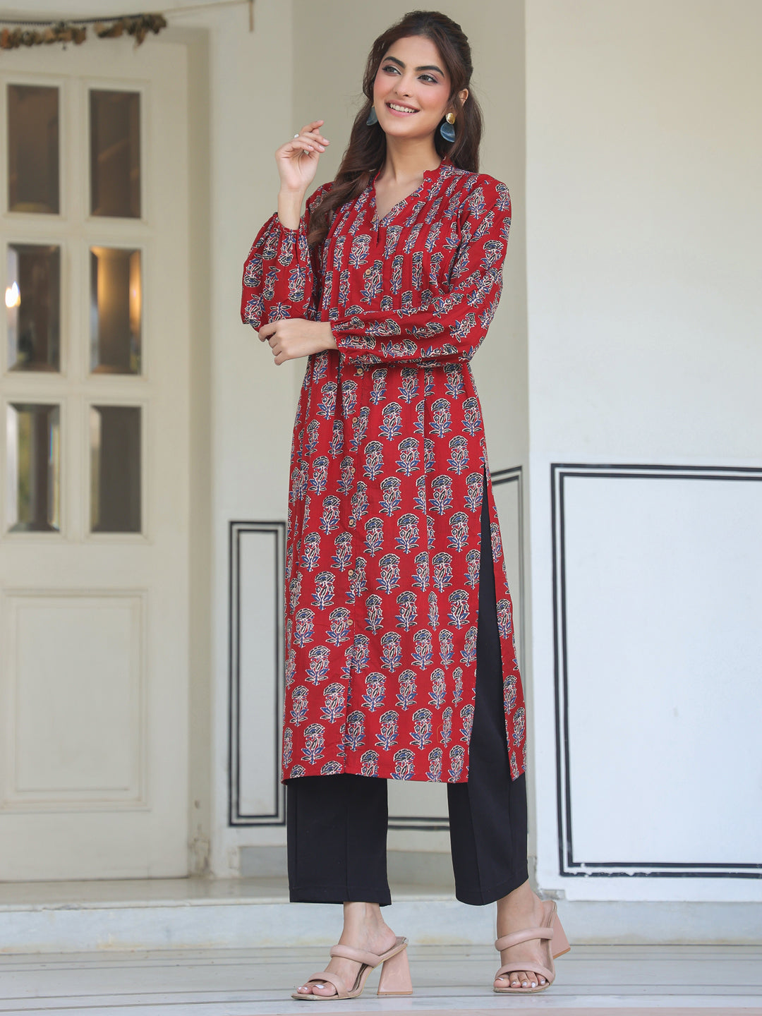 Maroon Cotton Floral Print Flared Kurta - qivii