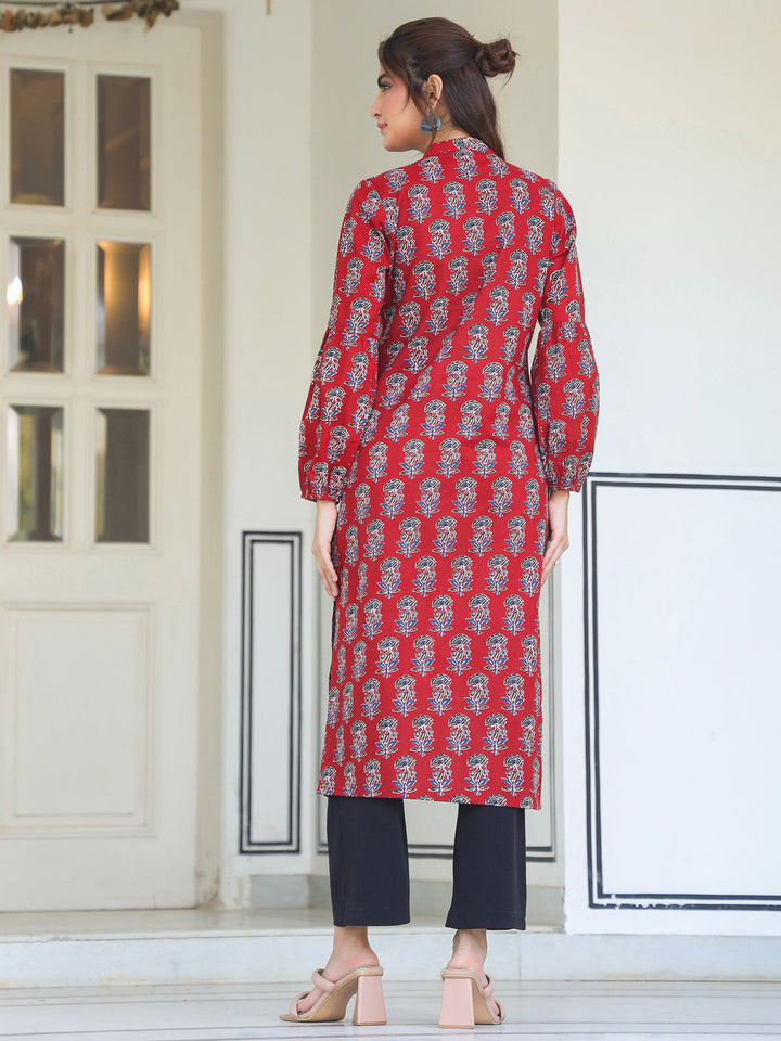 Maroon Cotton Floral Print Flared Kurta - qivii