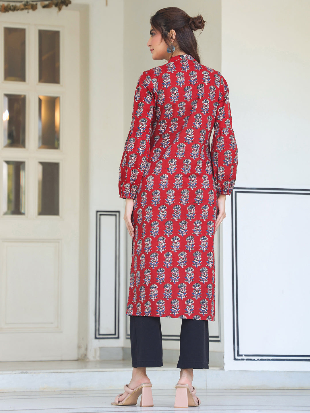 Maroon Cotton Floral Print Flared Kurta