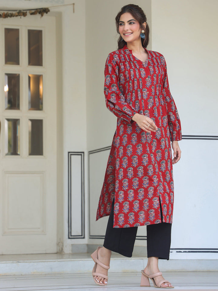 Maroon Cotton Floral Print Flared Kurta - qivii
