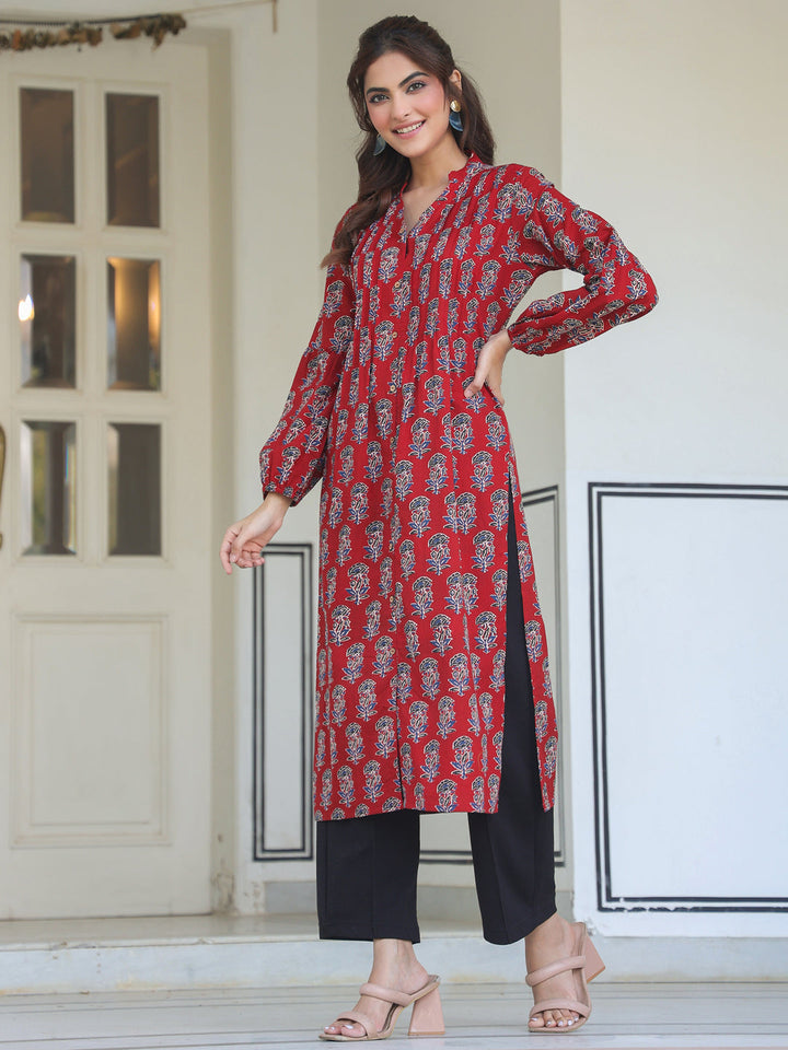 Maroon Cotton Floral Print Flared Kurta - qivii