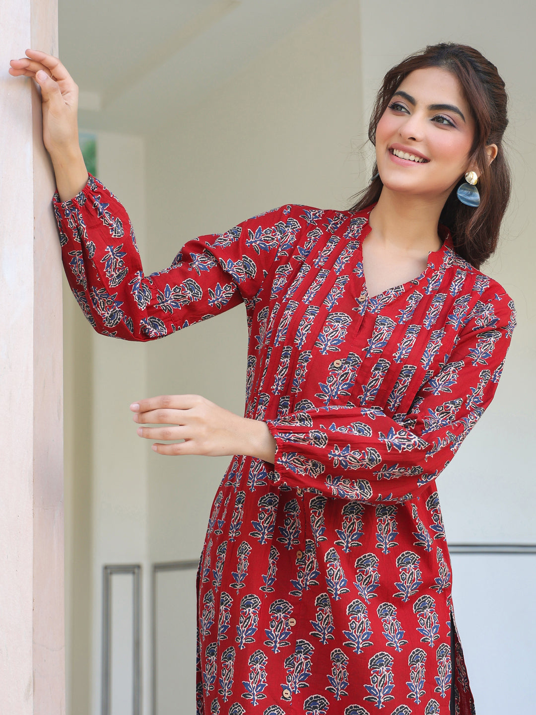 Maroon Cotton Floral Print Flared Kurta - qivii