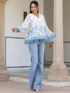 White Georgette Digital Print Flared Top