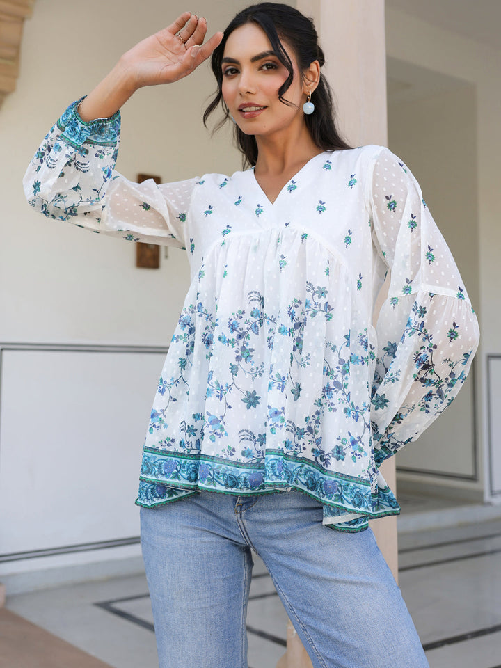 White Georgette Digital Print Flared Top - qivii