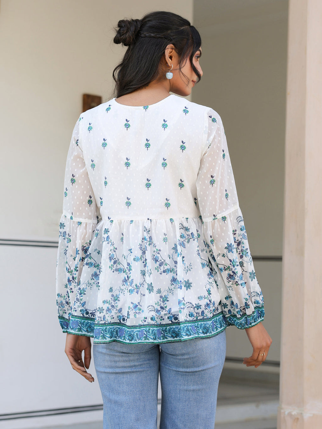 White Georgette Digital Print Flared Top