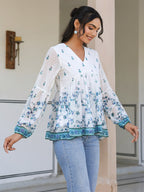 White Georgette Digital Print Flared Top