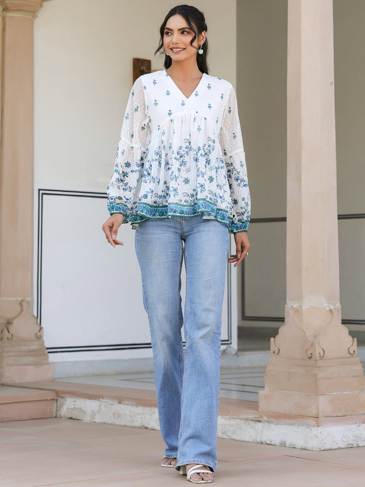 White Georgette Digital Print Flared Top - qivii