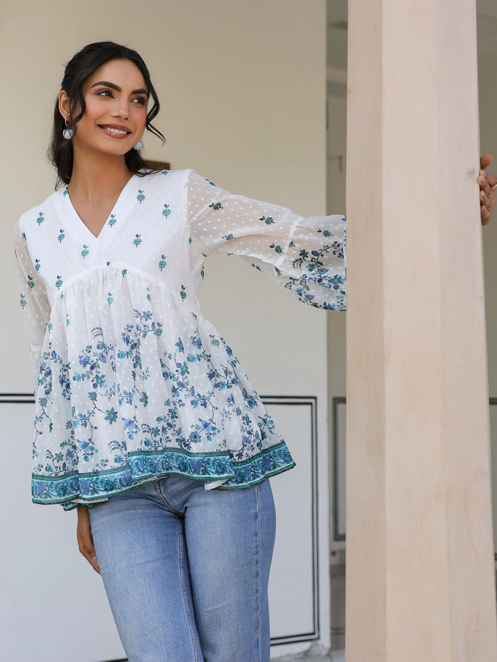 White Georgette Digital Print Flared Top